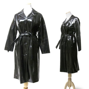 1960s Black Vintage Trench Coat, Travelcoats by Naman, Vintage Mod Go Go Style, Shiny Black Raincoat, Fetish Style 