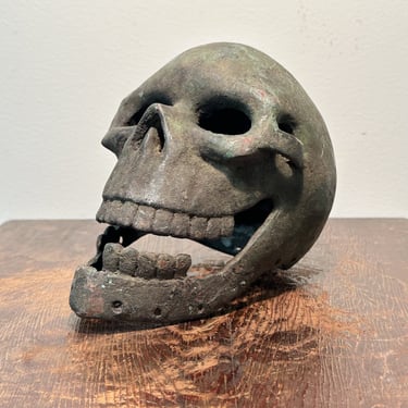 Benin Bronze Skull with Macabre Grin - Early 20th Century African Nigerian Artifact - Memento Mori Decor - Rare Human Form - Missing Teeth 