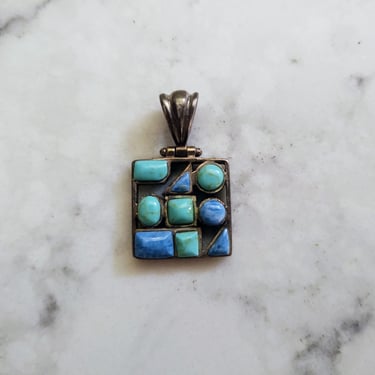 Vintage NF925 Sterling Silver Turquoise Tile Necklace Pendant Multi-Gemstone Jewelry 