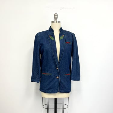 Vintage Womens Denim Blazer with Holly and Red and Green Trim |1980s Bavarian Style Jacket 