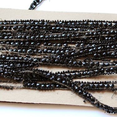 3.66 Yards Continuous Victorian French Jet Rivoli Trim - Antique Handmade Faceted Black Glass Beadwork - 