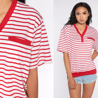 80s Striped Shirt -- Red White Henley Shirt V Neck Shirt Button Up Retro Tee Vintage Short Sleeve 1980s Extra Large xl 