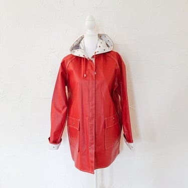 80s Red Vinyl Raincoat with Strawberry Novelty Print Lining | Medium/Large 