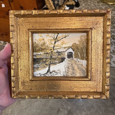 Original mini oil painting of covered bridge, signed (8"w, 7"h)