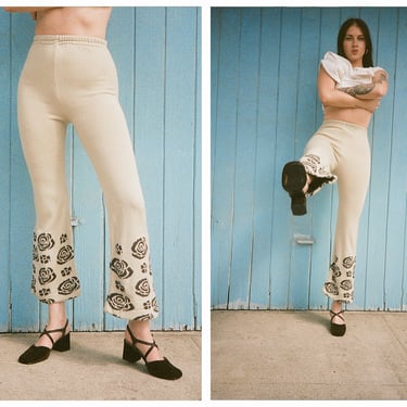 Vintage 1970s 70s High Waisted Knit Rose Print Kick Flare Pants Trousers 