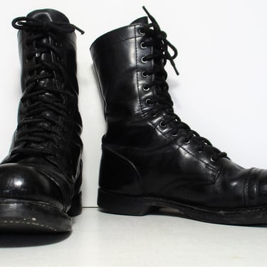 Vintage 1960s Double H Combat Boots, 9E Men, Black Leather Jump Boots, Combat Ankle Boots, Lace Up, Cap Steel Toe 