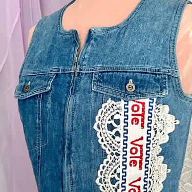 VOTE Upcycled Denim Dress, Suffragette Lace Appliques, Vintage Ribbon Trim, Sleeveless, Zip Front, Hipster Restyled 