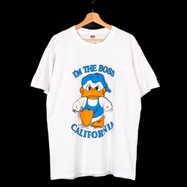 90s "I'm The Boss" California Duck Shirt - Men's Medium, Women's Large | Vintage White Cartoon Graphic Tourist Tee 