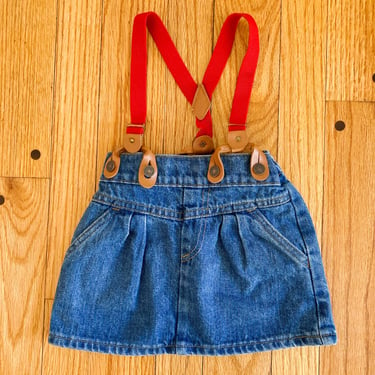 80s Toddler Little Levis Denim Skirt with Red Suspenders | Size 18 Months 