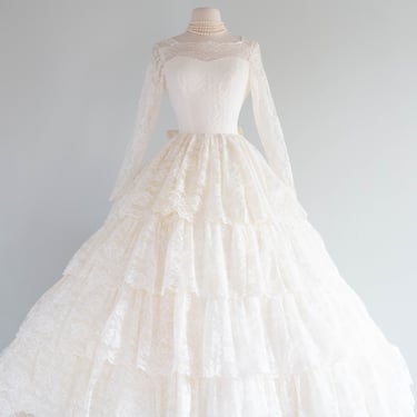 Fairytale 1950's Tiered Ivory Lace Wedding Gown by Bridal Originals / S