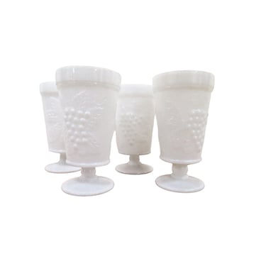 4 Vintage White Milk Glass Footed Tumblers Goblets Grape & Vine Pattern 