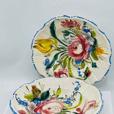 Rare (2) Vintage Nova Rose Majolica Italian Barettoni, Nove Handpainted 9" Serving Bowls Made In Italy- Wonderful bright flowers 