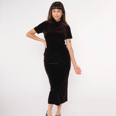 Vintage Velvet Bodycon Dress 90s Brown Party Dress Mock Neck Midi Short Sleeve Sheath 1990s Stretch Velour Cocktail Witchy Small 