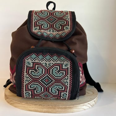 Brown Embellished Embroidered Folk Indie Drawstring Large Backpack 