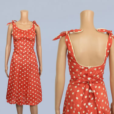 1930s Dress / 30s Plunge Back Beach Dress / Red Polka Dot Cotton / Button Back / Tie Straps 