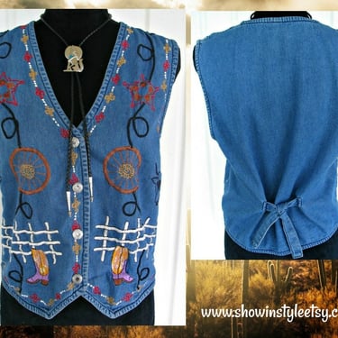 CLEARANCE!  Vintage Retro Western Women's Cowgirl Vest, Embroidered Western Scenes on Denim, Tag Size Large (see meas. photo) 
