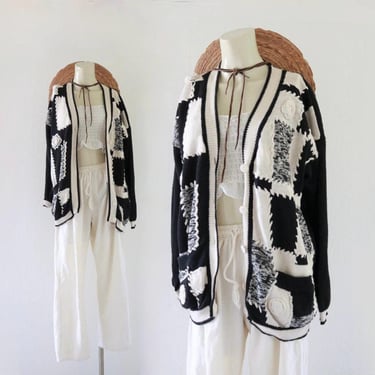 patchwork button cardigan - s - vintage 80s 90s black white womens size small cute floral cottage cottagecore sweater long sleeve 