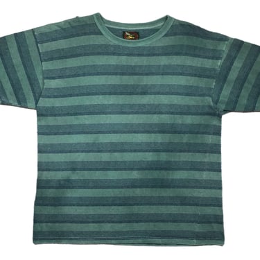 Vintage 90s Blue & Green Striped Skateboard/Surfing Style Graphic T-Shirt Size Large 