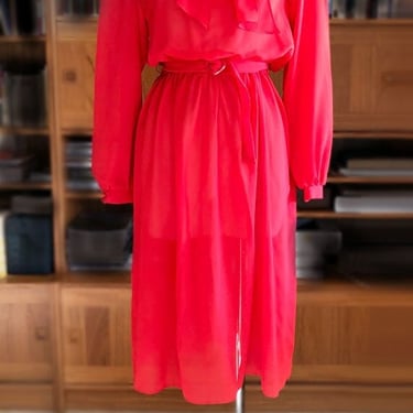 Vintage 1970s Red Semi Sheer DRESS, PUSSYCAT BOW Neck, Secretary 1980's New Wave 