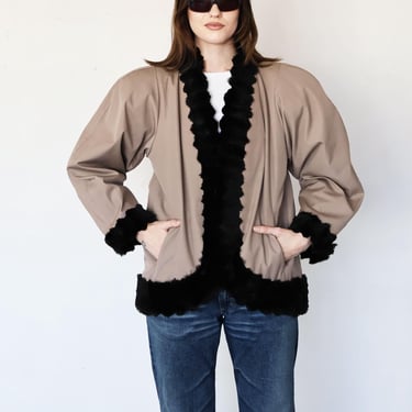 Archival Yves Saint Laurent 1970s Taupe Structured Mink Fur Cotton Jacket with Scalloped Trim + Tiger Stripe Interior Rare sz XS-L 