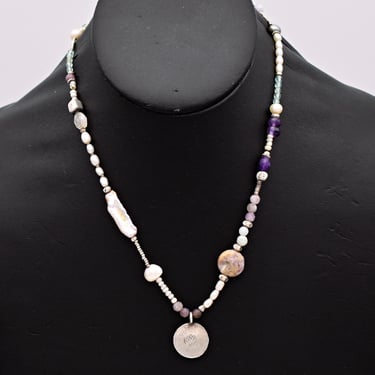 80's matte sterling lotus pendant, asymmetrical pearls gemstones & 925 silver beaded boho necklace 