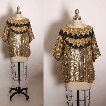 1980s Gold, Black and Blue Half Sleeve Zig Zag Pullover Silk and Sequin Blouse -XL 