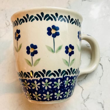 Vintage Made in Poland Pottery Coffee Mug, Polish Cobalt Blue Flower Pattern Manufaktura Boleslawiec  101 G. kras by LeChalet