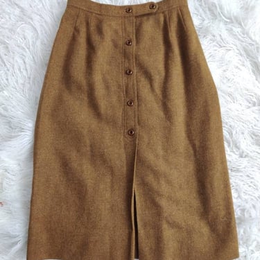 Vintage 80s Brown Wool Skirt // A Line High Waisted Button Front 