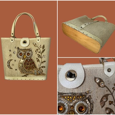 ENID COLLINS Style Midnight Owl Vintage 60s Jeweled Handbag | 1960s EC Style Novelty Theme Beaded Owl Purse | 60s Mod Rockabilly Mid Century 
