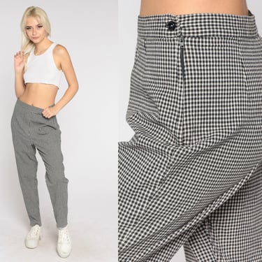Gingham Pants 90s Tapered Checkered Trousers Mod High Waisted Rise Trousers Retro Preppy Punk Golf Slacks Black White 1990s Vintage Medium M 
