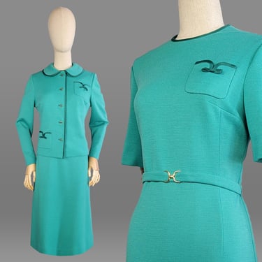 1960s Dress Set / 1960s Teal Knit Dress and Jacket / 1960s Women's Suit / Dress with Bows / Size Large 
