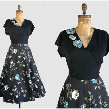 IN FLOWER Vintage 50s Dress | 1950s Fit and Flare Black Floral Round Skirt | Pin Up Rockabilly Swing, VLV Cocktail Party | Size Medium Large 