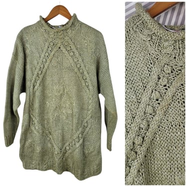 Vintage Cable Knit Sweater size Large Pullover Mock Neck Green Floral Embroidered 