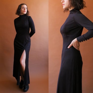 Vintage 70s Fredericks of Hollywood Black Gown with High Slit/ Size Medium 