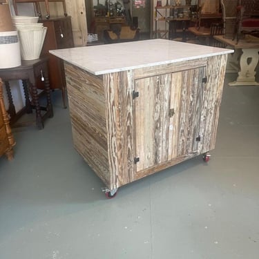 Antique Yellow Pine Beadboard Kitchen Island With Marble Top On wheels 