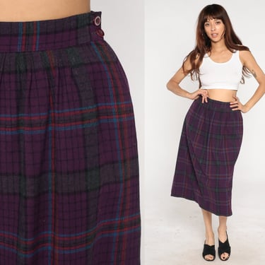 Pendleton Midi Skirt 80s Purple Plaid Wool Skirt Retro High Waisted School Girl Preppy Checkered Secretary Modest Vintage 1980s Small S 