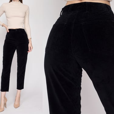 XS 90s Black Velvet High Waisted Pants Petite | Vintage Tapered Leg Minimalist Trousers 