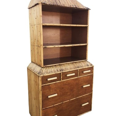 Restored Rare Art Deco Waterfall Rattan & Mahogany Dresser/Bookcase Hutch 