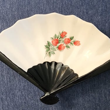 Ceramic Fan shaped trinket tray Red Roses theme decor Asian home decor Vanity accessories Ring dish 