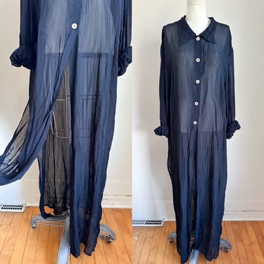 Vintage 1990s Black Sheer Shirt Maxi Dress / XL-2XL 
