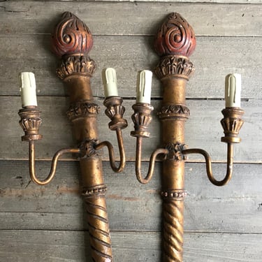 19th C French Wall Sconce, Gilt Gesso Wood, Light, Candle, Set of 2, Pair, Chateau Decor 