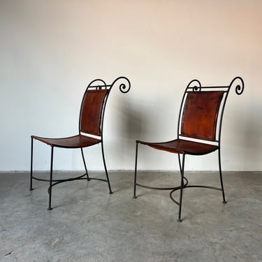 Vintage Organic - Style Wrought Iron and Leather Accent Chairs a Pair 
