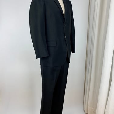 1960's Mohair Suit - Black Weave with a Sheen - English Mohair - 2 Button Jacket Closure - Straight Leg Slacks - Men's Size MEDIUM 