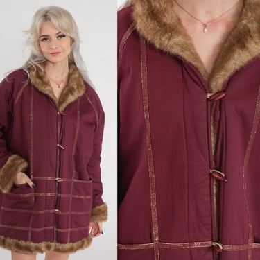 Burgundy Jacket 70s 80s Faux Fur Lined Coat Toggle Button up Winter Jacket Retro Brown Vegan Fake Fur Fuzzy Lining Warm Vintage 1980s Large 