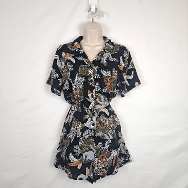 Vintage 80s Black & Orange Tiger Tropical Romper 
