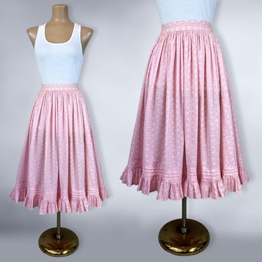 VINTAGE 80s Pink Calico Cotton Full Skirt By Laura Ashley 26" Waist | 1980s Cottagecore Prairie Skirt with Pockets | VFG 