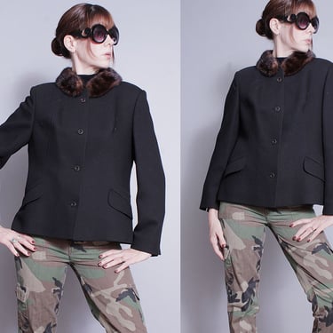 Vintage 1950's | Black | Wool | Blazer | Mink Collar | MCM | Mid Century | Jacket | S/M 