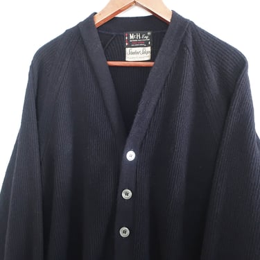 vintage cardigan / black cardigan / 1960s black ribbed acrylic knit grandpa cardigan baggy XL 