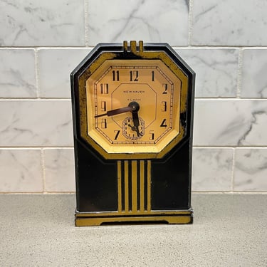1920s New Haven Art Deco Alarm Clock, Nicely Working 24 Hour Windup Movement 