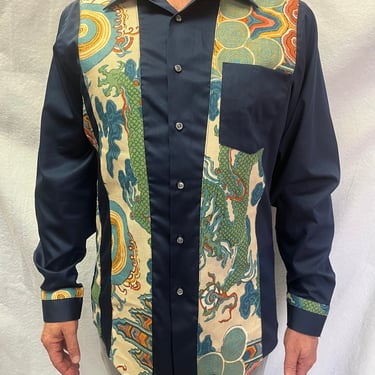 Men's Shirt, Navy Blue Shirt, Shirt W/ Asian Print, OOAK Shirt, Designer Shirt, Patterned Button Down Shirt, Shirt by Amanda Alarcon-Hunter 